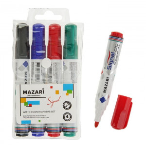 Набор маркеров для доски MAZARI Signal 4 мм  Маркер для магнитно-маркерной доски  и стекла (стирающиеся) - набор 4 цвета: красный, синий, зеленый, черный.